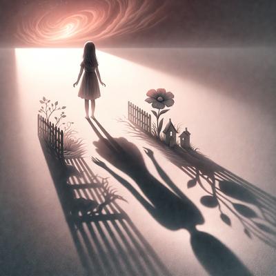 The primary subject of the image is a young girl standing in a garden. She is positioned in the center of the scene, surrounded by a variety of flowers and plants. The setting is a garden with a fence, and the visual style is a combination of digital art and illustration. The colors and mood of the image are warm and inviting, with the girl's silhouette and the vibrant colors of the flowers creating a sense of tranquility and beauty.